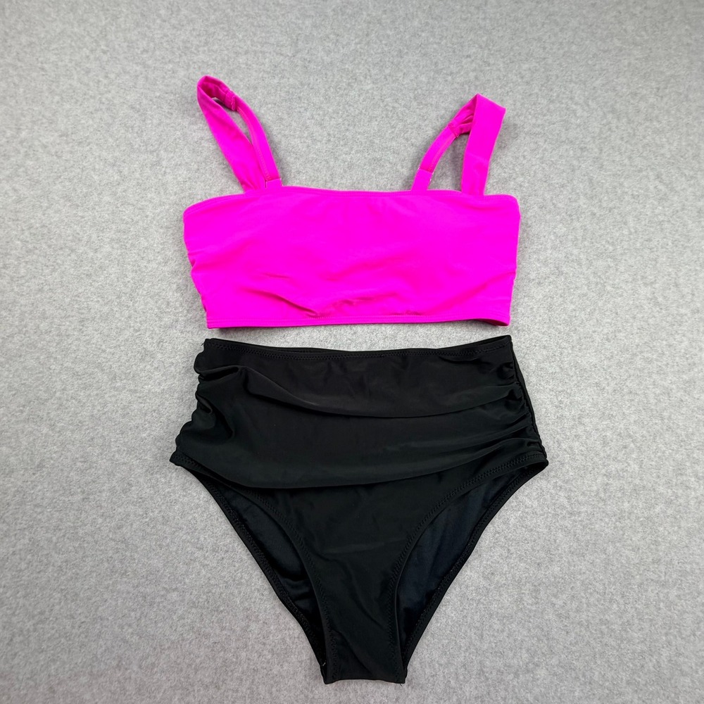 Neon Pink and Black Two Piece Bikini Set High Waisted Ruched Swimsuit Womens